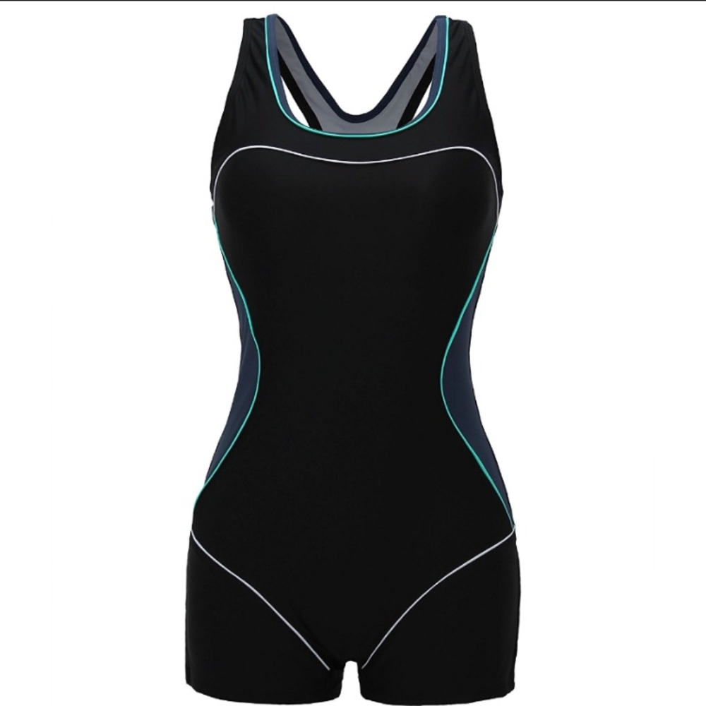 Black One-Piece Athletic Swim Suit with Teal Trim